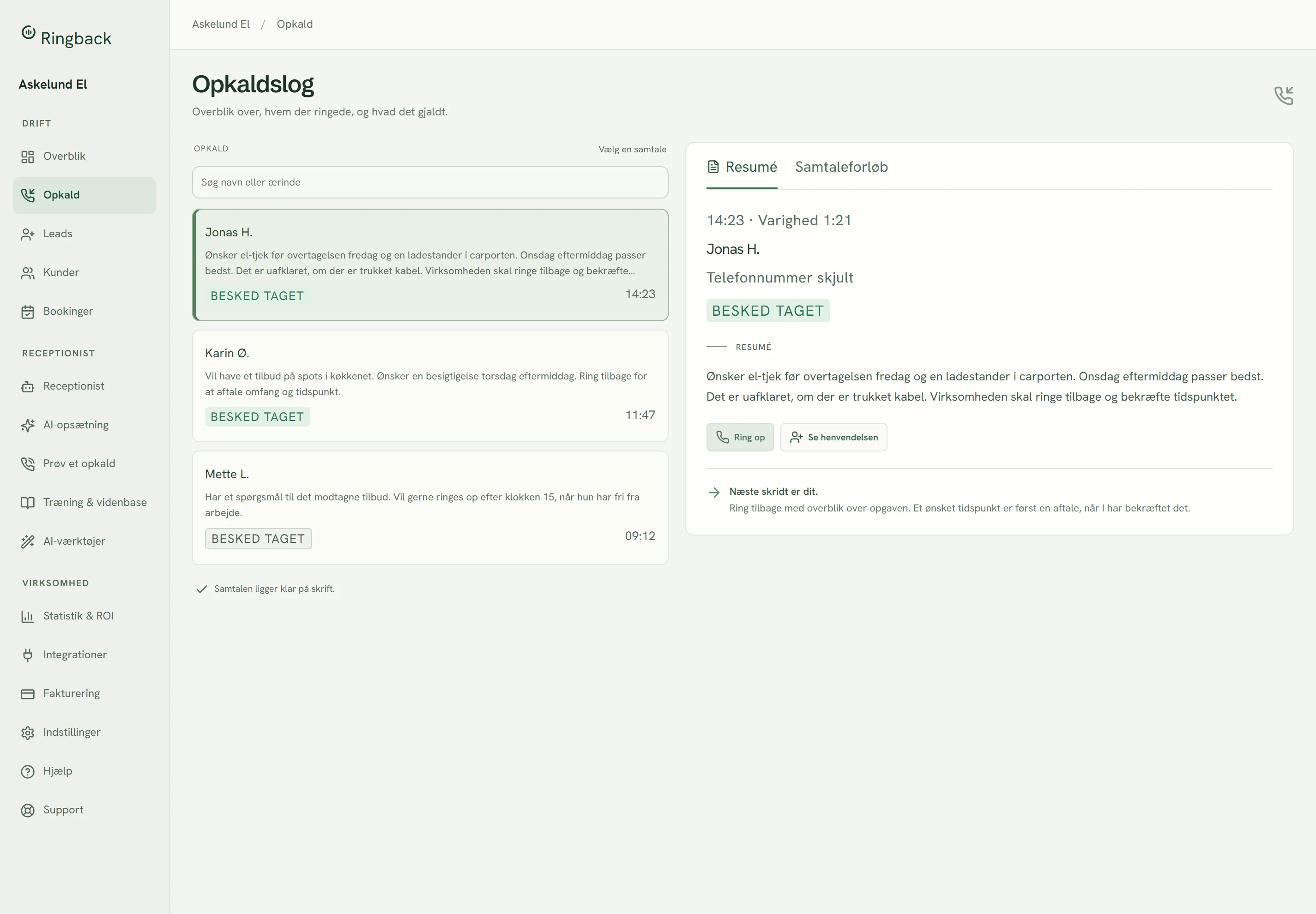 Ringbacks aktuelle opkaldsindbakke og samtaleresumé, vist med demodata