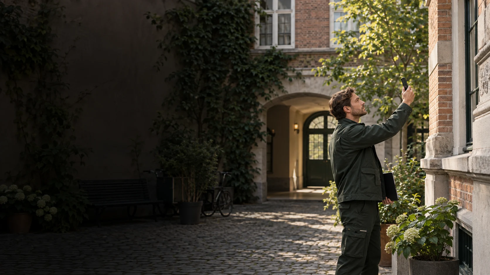 En fagperson dokumenterer en bygning med sin telefon i en gård.